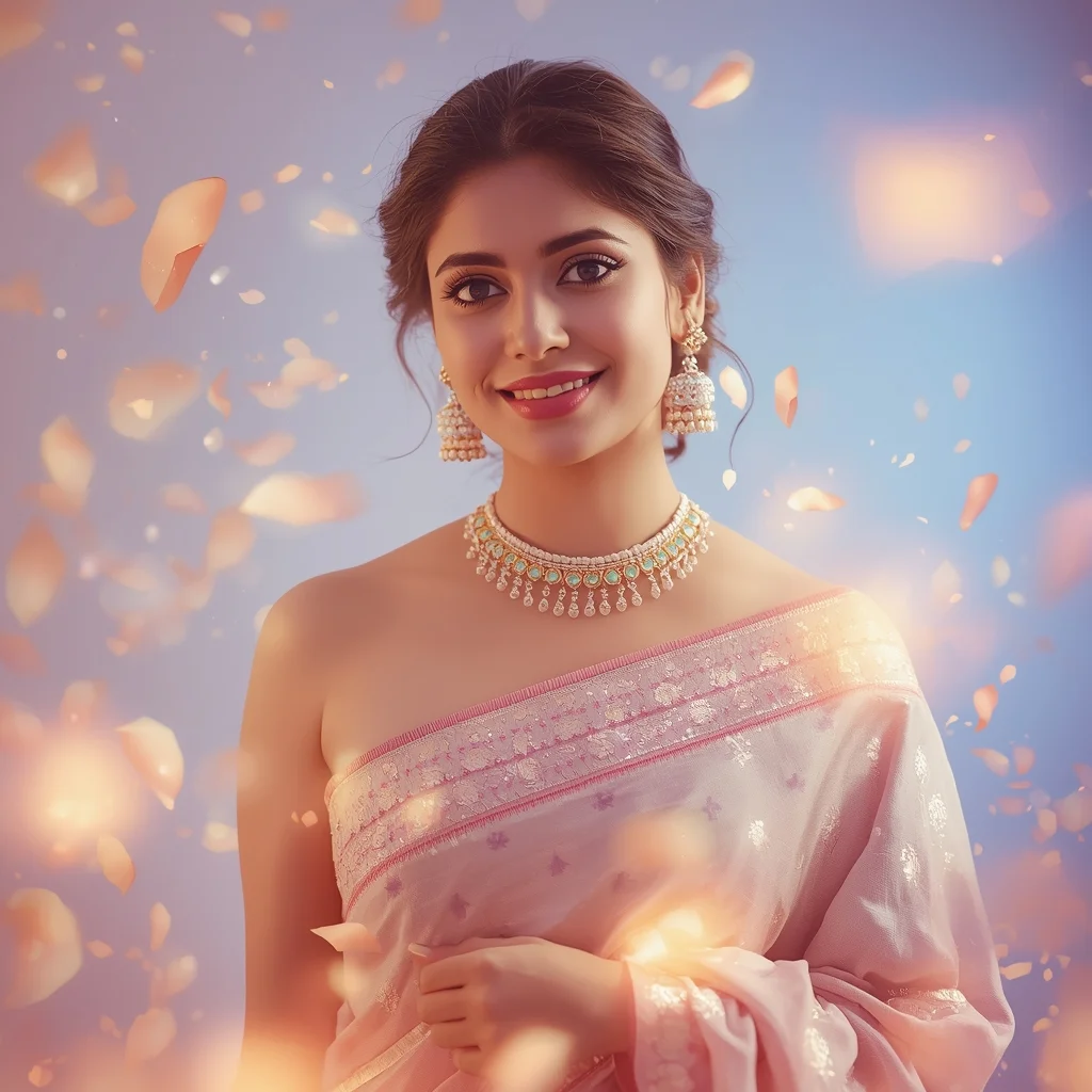Festive Pastel Saree Soft Glow Dream Floating Petal Lights Collage Dream Cinematic | Free Prompt For Girls College