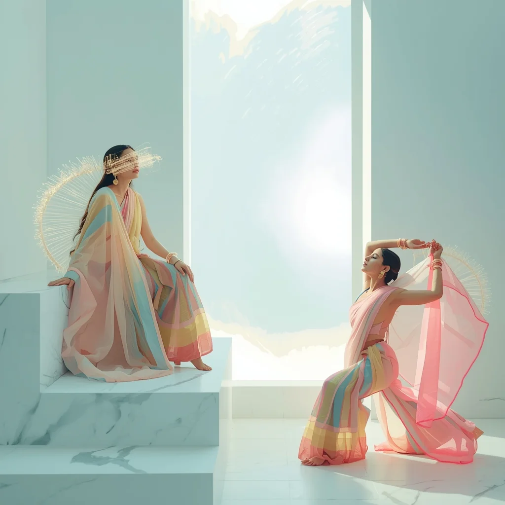 Festive Pastel Saree Soft Glow Fantasy Mystic Portal | Saree Photoshoot Ai Prompt