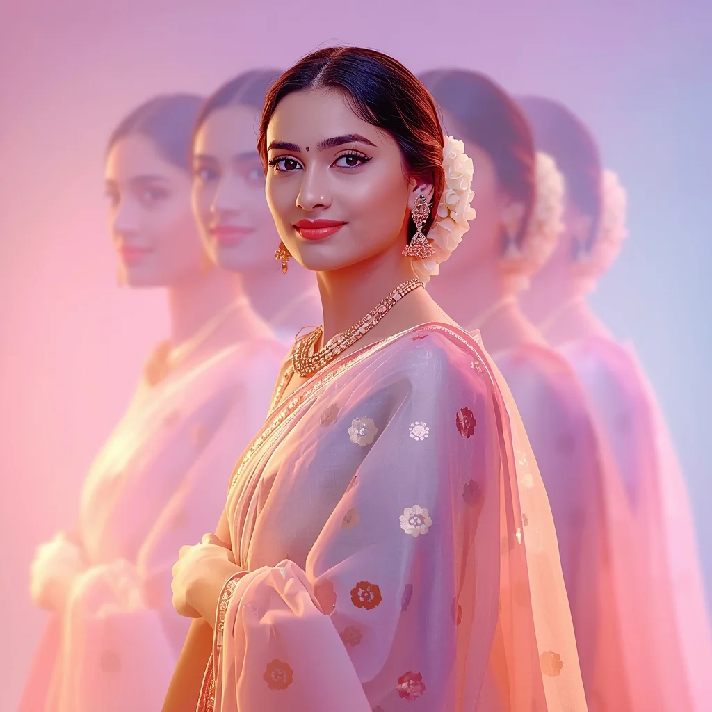Festive Pastel Saree Soft Glow Silhouette Layer Collage | Indian Girl Outline Light Aesthetic Cinematic Viral Prompt | Indian Girl Saree Ai Prompt 4k Realistic