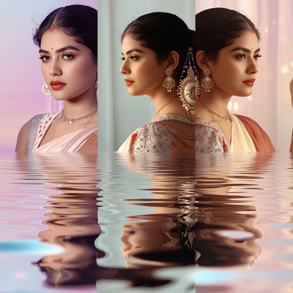 Festive Pastel Saree Soft Light Water Reflection Collage | Indian Girl Mirror Surface Aesthetic Cinematic Viral Prompt | Gemini Saree Prompt For Instagram