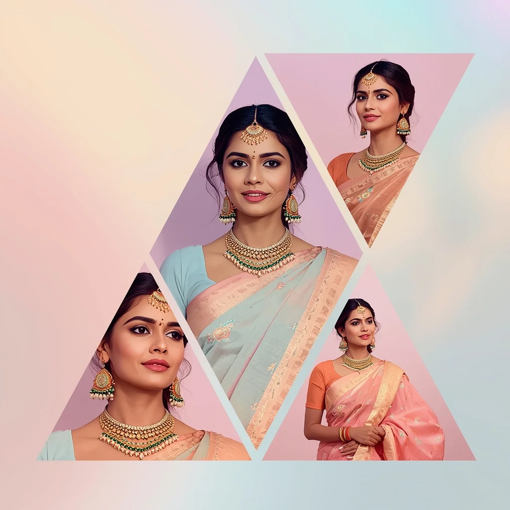 Festive Pastel Saree Triangle Collage Layout | Indian Girl Geometric Aesthetic Soft Cinematic Ultra Realistic Viral Prompt | Saree Prompt For Instagram