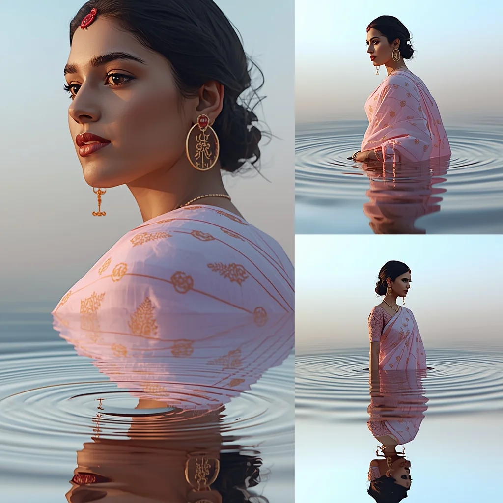 Festive Pastel Saree Water Ring Collage | Indian Girl Ripple Reflection Aesthetic Cinematic Viral Prompt | Saree Prompt For Gemini