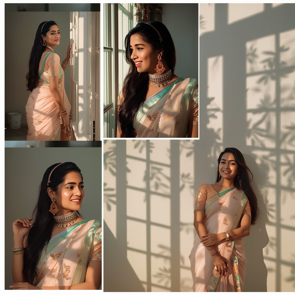 Festive Pastel Saree Window Shadow Collage | Indian Girl Light Pattern Aesthetic Soft Cinematic Viral Prompt | Gemini Saree Prompt