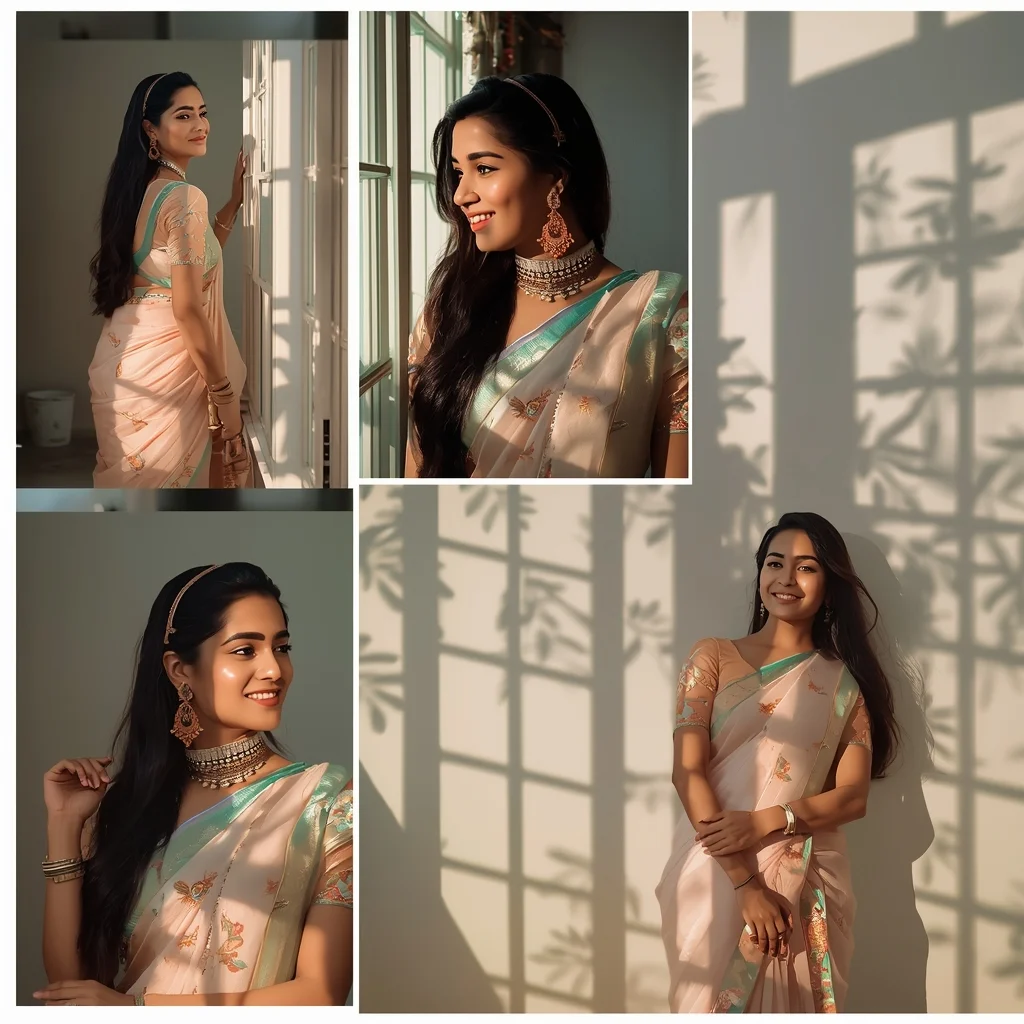 Festive Pastel Saree Window Shadow Collage | Indian Girl Light Pattern Aesthetic Soft Cinematic Viral Prompt | Gemini Saree Prompt