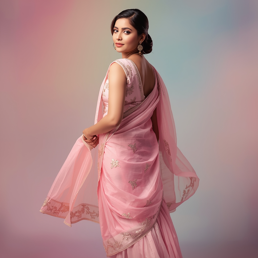Festive Saree Girl Soft Reverse Walk Shoulder Turn Pose | Leonardo Ai Image Prompt