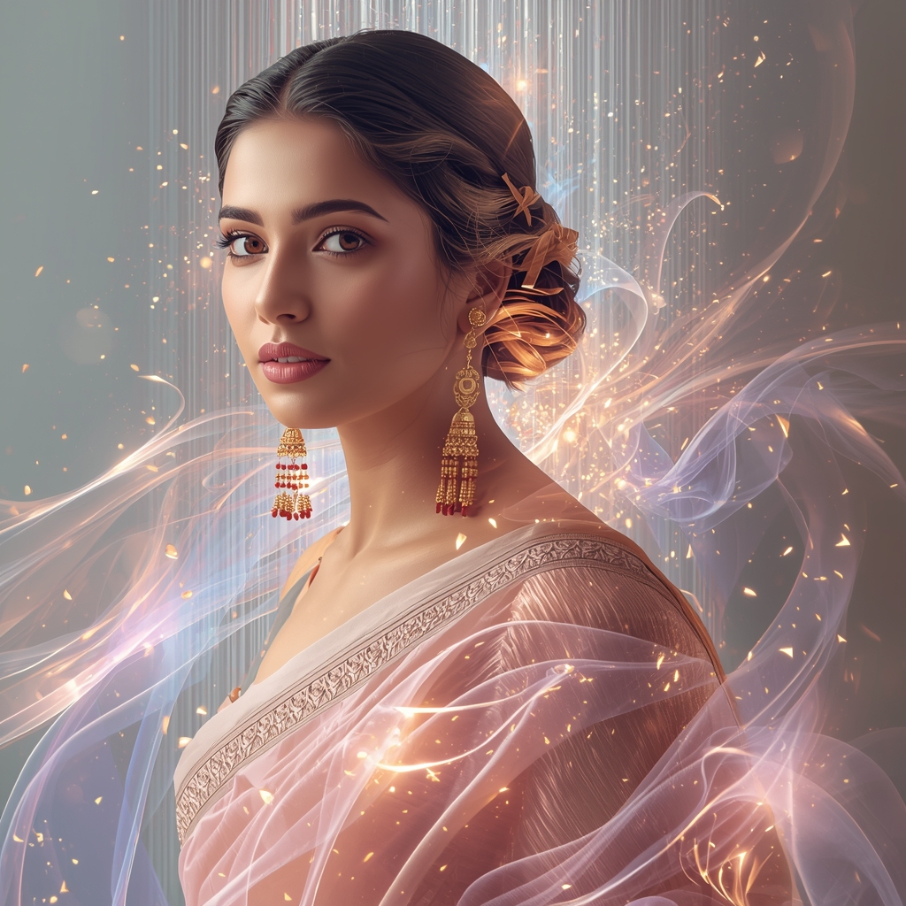 Festive Saree Ribbon Particle Dimension Collage | Glow Energy Prompt | Saree Look Ai Prompt