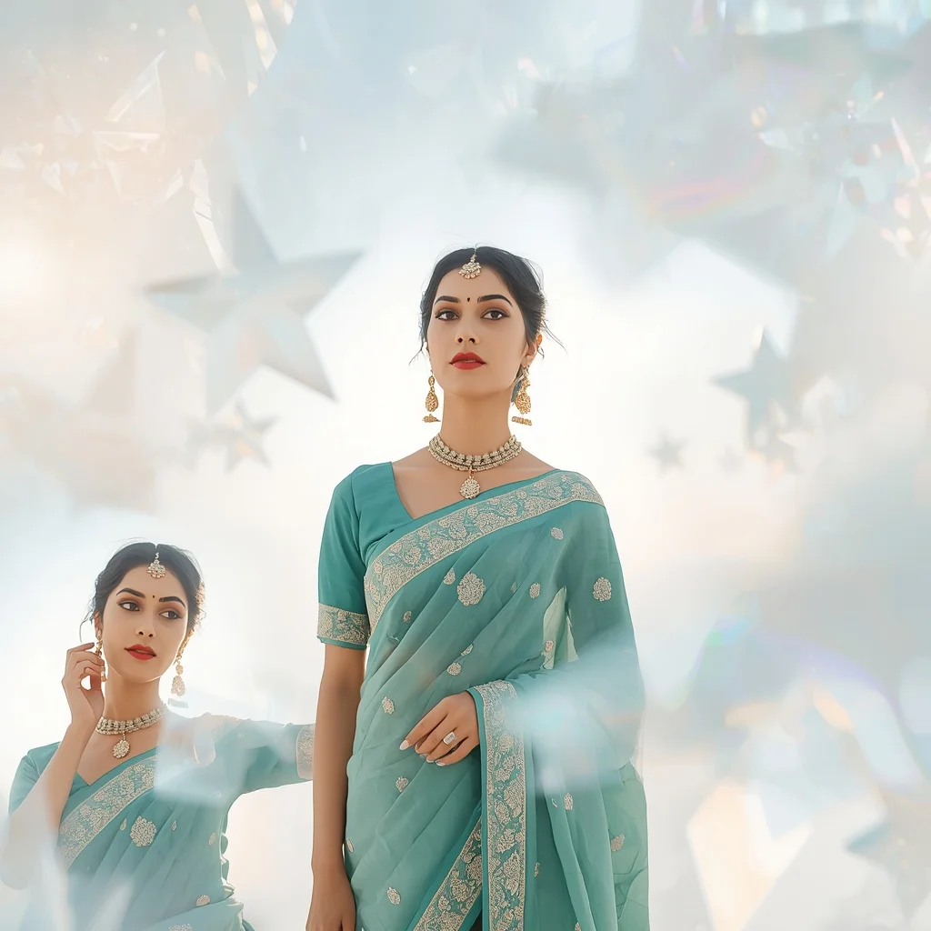 Festive Teal Saree Sunlit Floating Opal Geometric Star | Travel Ai Prompt