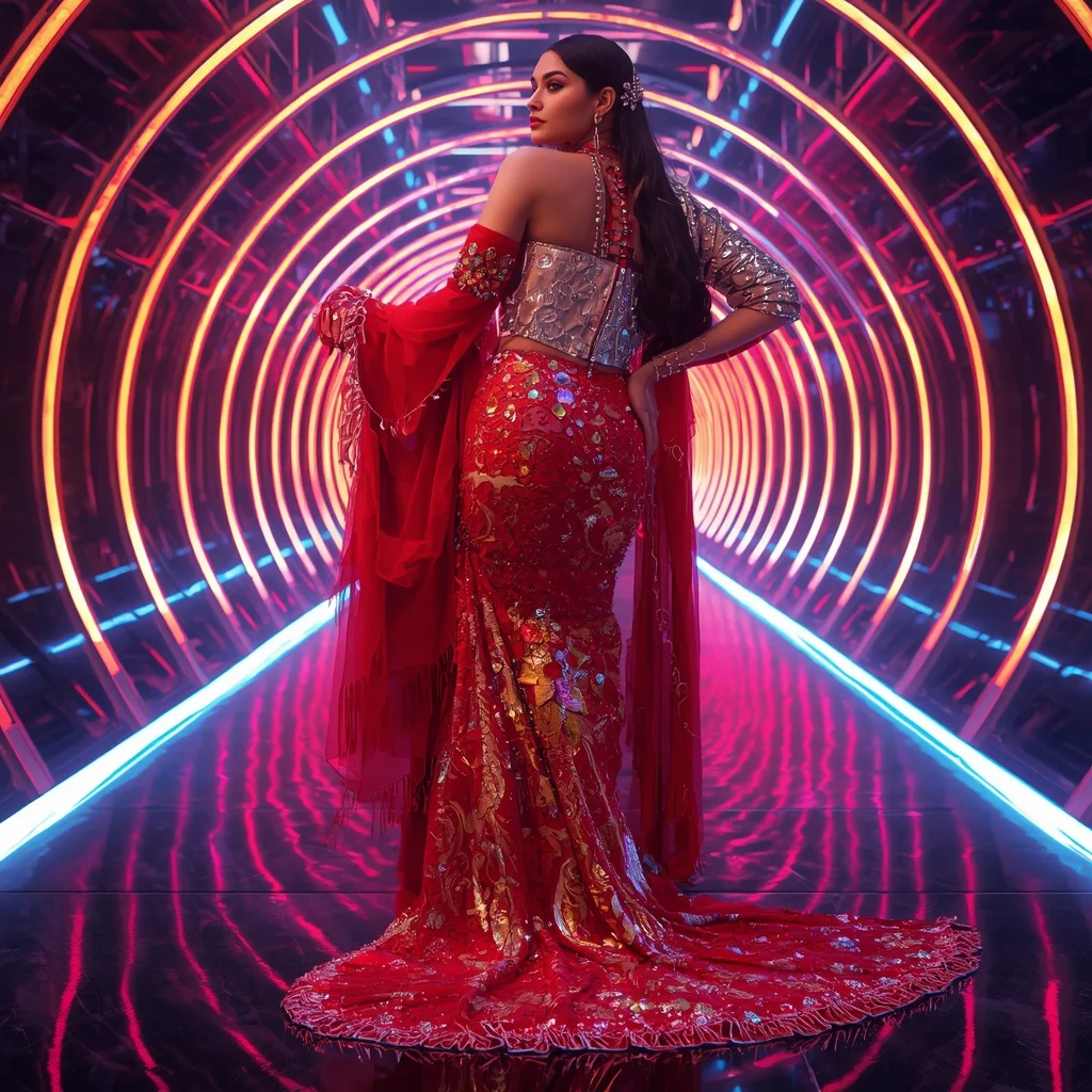 Fire Lotus Galaxy Saree with Quantum Neon Reflection Observatory | Chatgpt Prompt