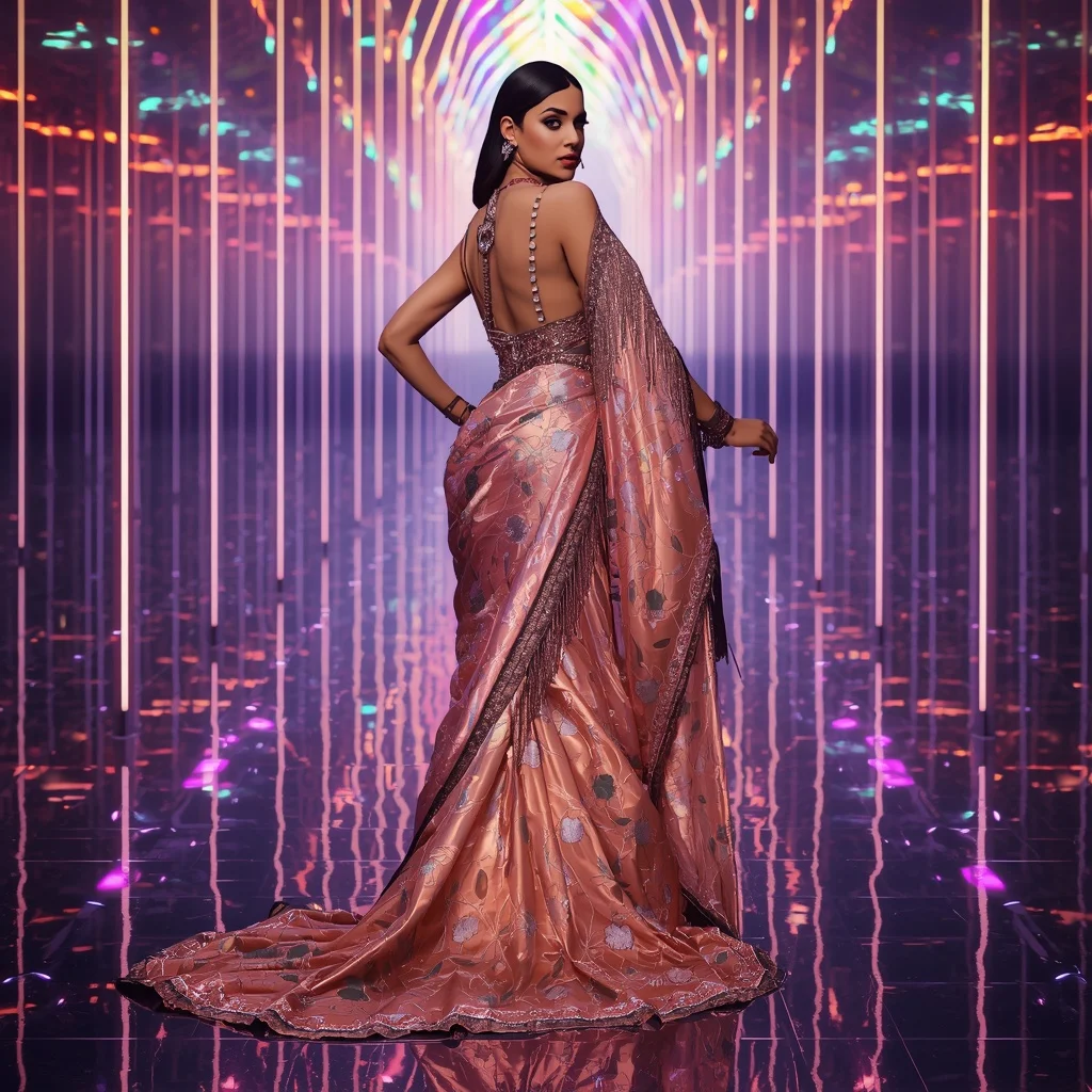 Fire Lotus Nebula Saree with Quantum Neon Reflection Cathedral | 3d Animation Ai Prompt