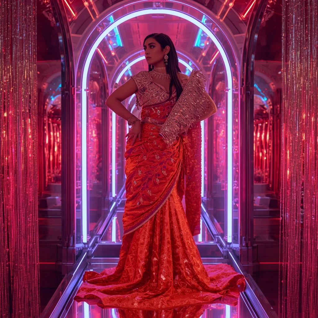 Fire Lotus Nebula Saree with Quantum Neon Reflection Dome | Pre Wedding Ai Prompt