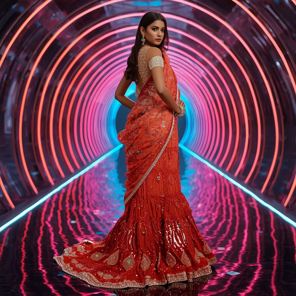 Fire Lotus Royale Saree with Quantum Light Tunnel | Beautiful Saree Girl Ai Prompt