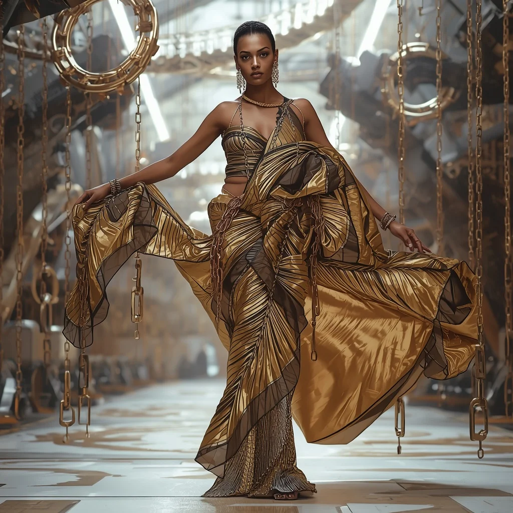Floating Chain Reaction Saree with Mechanical Orbit Field | Prompt Gemini