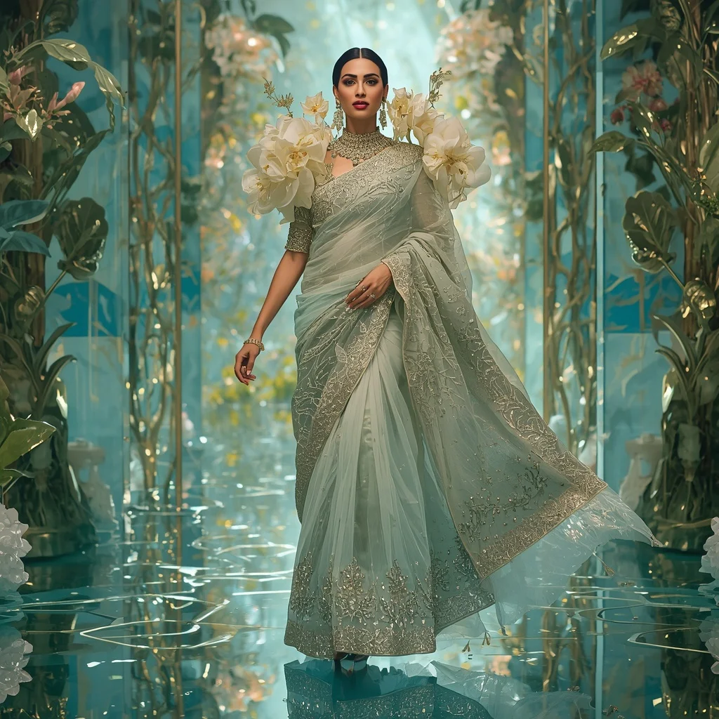 Floating Crystal Garden Cathedral Saree with Aqua Reflection Kingdom | Ideogram Ai Prompt