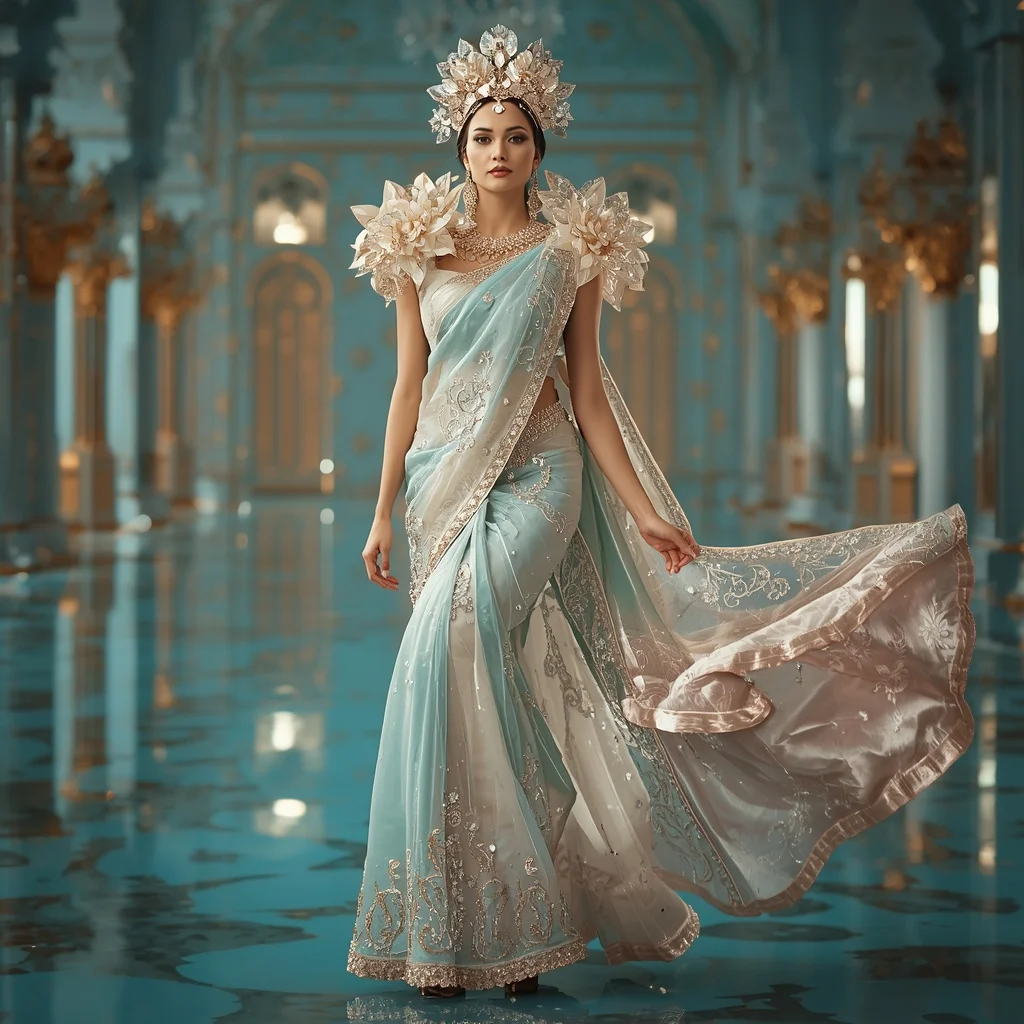Floating Crystal Jasmine Crown Saree with Aqua Reflection Palace | Saree Prompt For Women Pdf