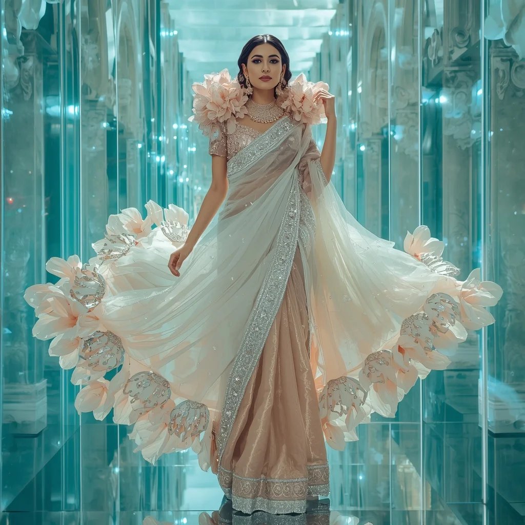 Floating Crystal Magnolia Palace Saree with Aqua Reflection Fortress | Desi Girl Ai Prompt