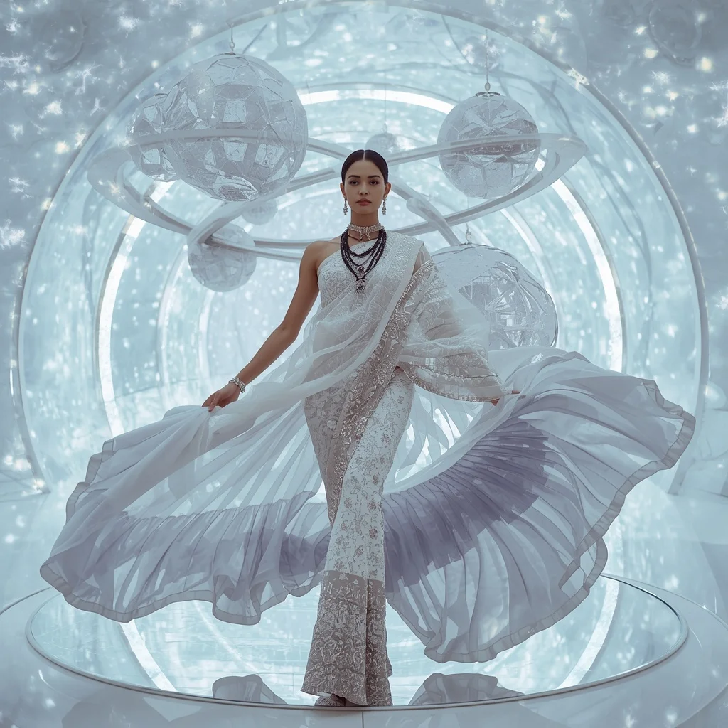 Floating Crystal Moon Orbit Saree with Celestial White Reflection Universe | Style Ai Prompt
