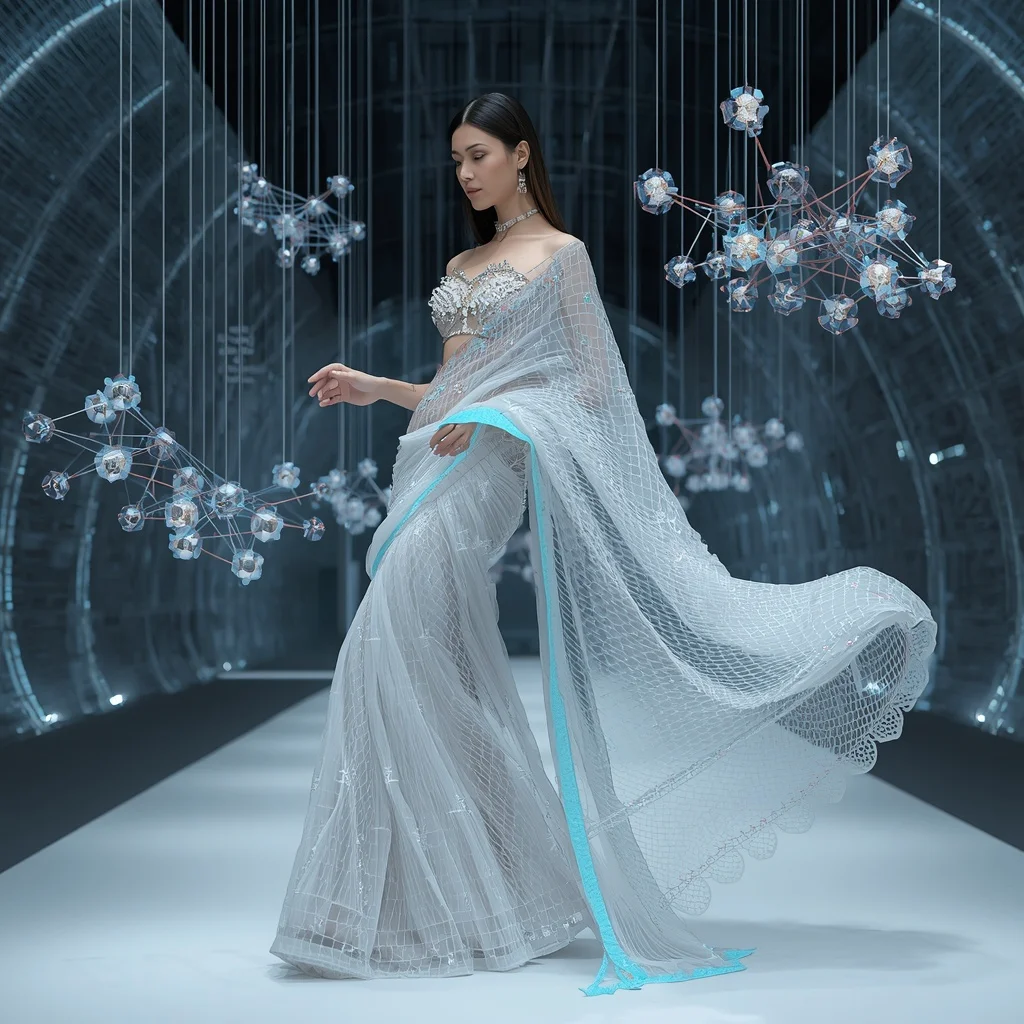 Floating Crystal Net Saree with Suspended Mesh Architecture | Gemini Ai Prompt Copy Paste