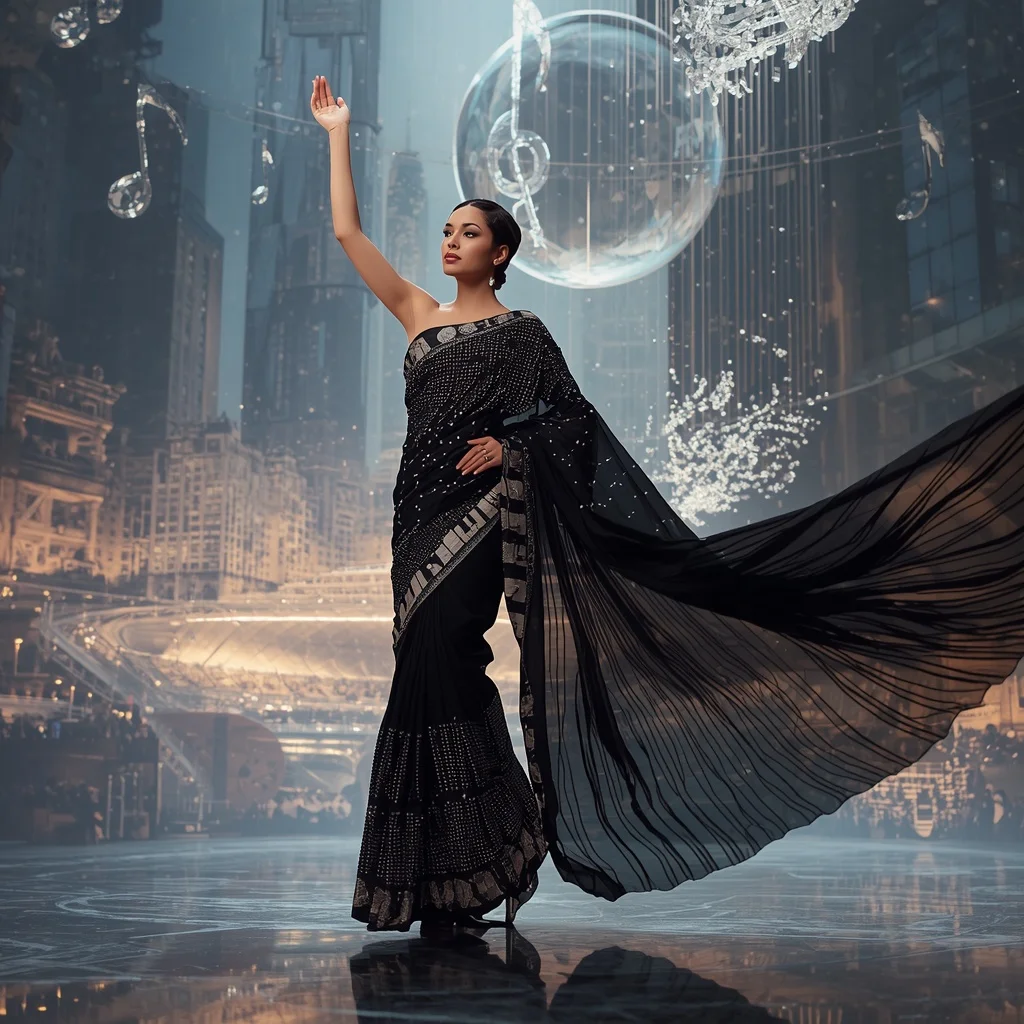 Floating Crystal Piano Saree with Symphony Skyline Architecture | New Design Ai Prompt