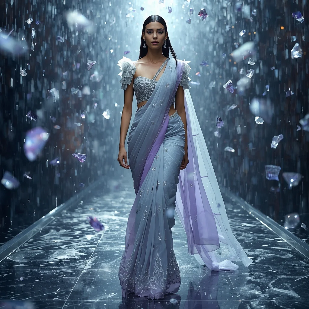 Floating Crystal Rain Saree with Zero Gravity Storm Field | Prompt Generator