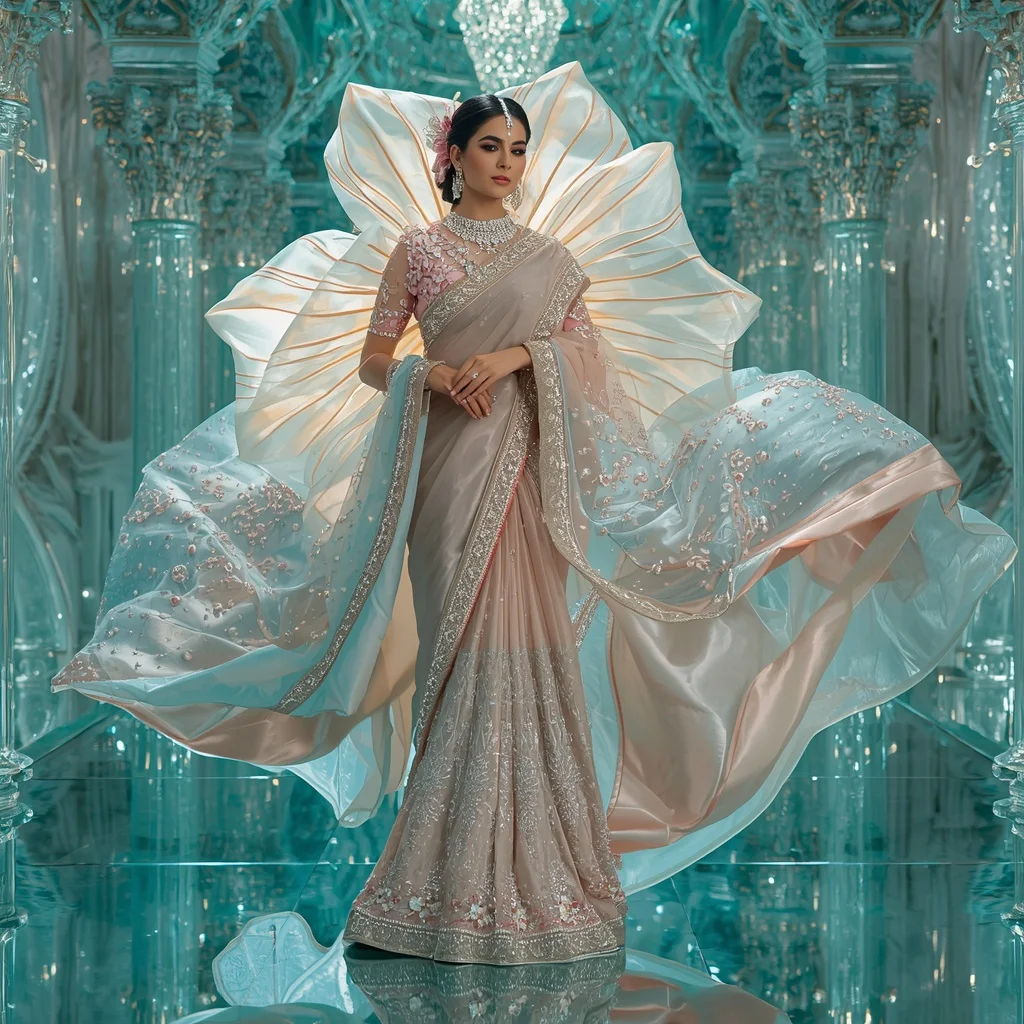 Floating Crystal Tulip Dome Saree with Aqua Reflection Empire | Prompt For Gemini Ai Girl Model Instagram