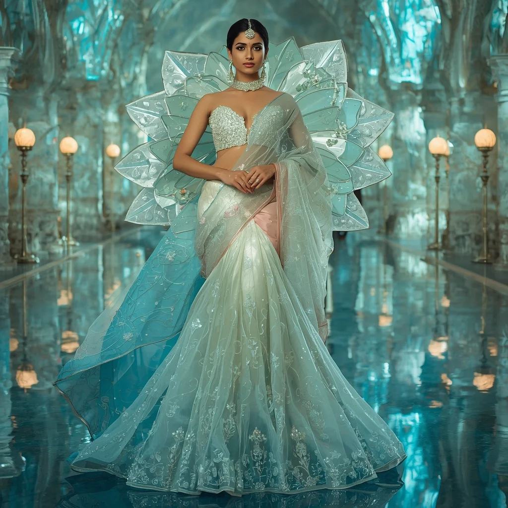 Floating Crystal Water Lily Palace Saree with Aqua Reflection Citadel | Lighting Ai Prompt