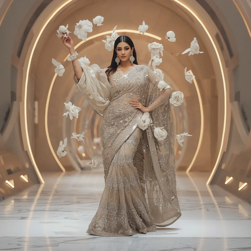 Floating Diamond Peony Saree with Luxury Curved Gallery | Prompt Ai For Girl Instagram