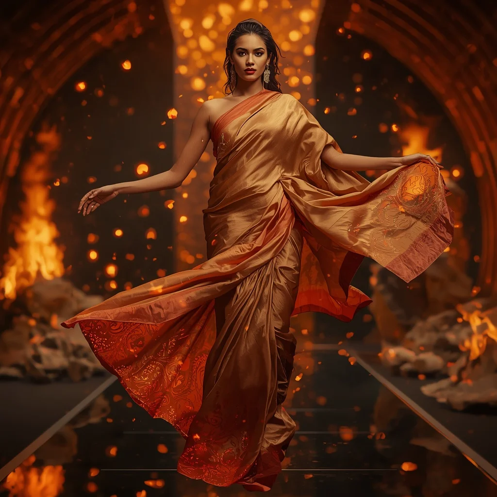 Floating Ember Silk Saree with Gravity Fire Chamber | Prompt For Traditional Look For Couple