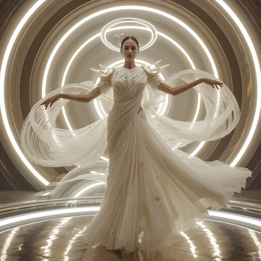 Floating Fabric Halo Saree with Circular Orbit Drapes | Modern Design Ai Prompt