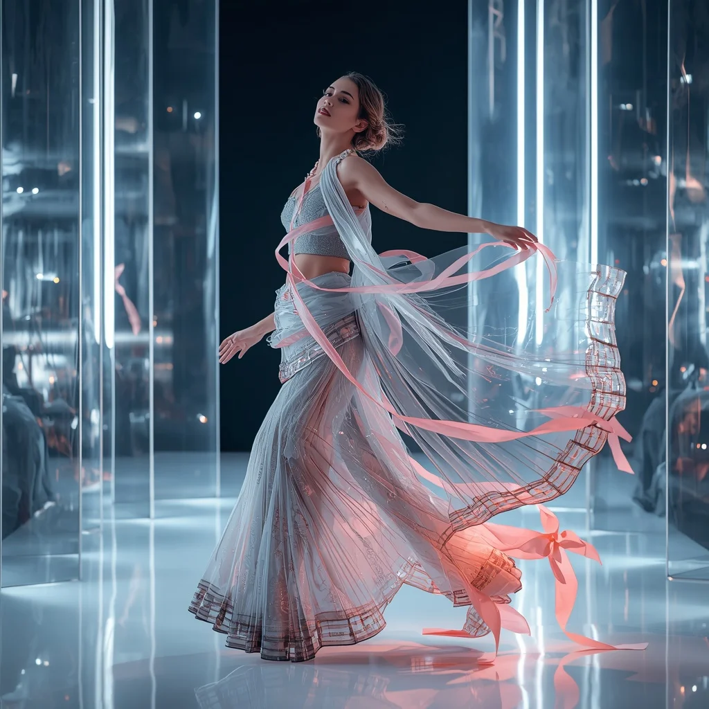 Floating Glass Ribbon Saree with Kinetic Light Flow | Viral Instagram Ai Prompt