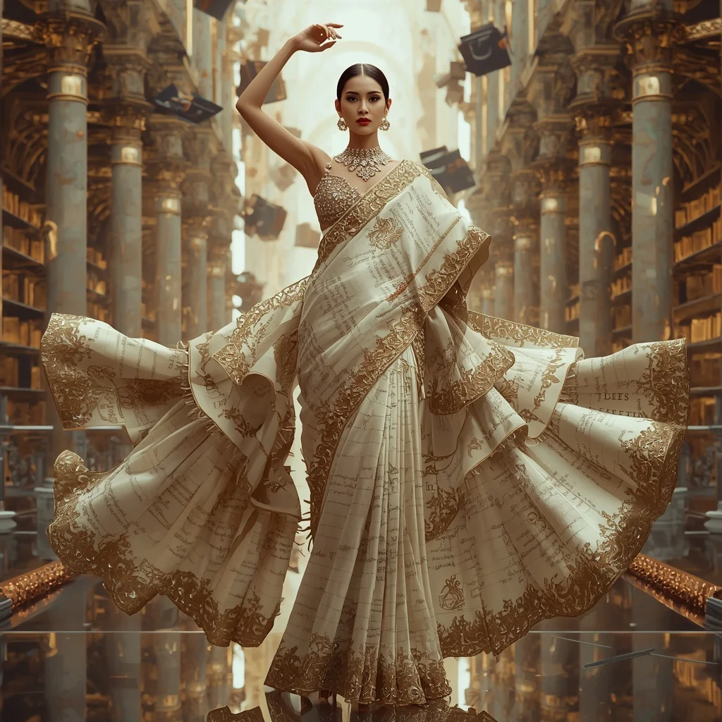 Floating Luxury Bookstore Saree with Crystal Knowledge Boulevard | Saree Profile Pic Ai Prompt