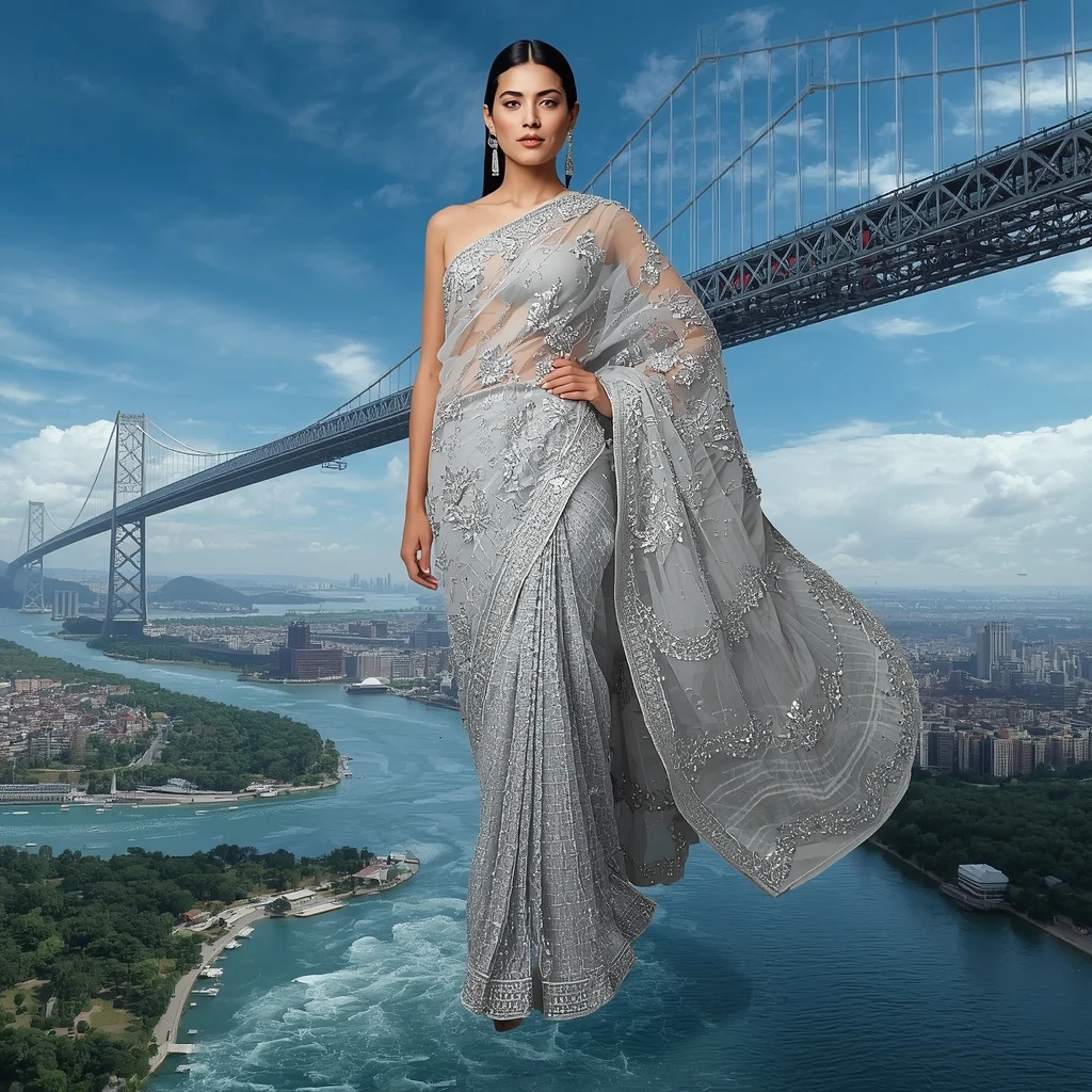 Floating Luxury Crystal Bridge Saree with Sky River Metropolis | Influencer Ai Prompt