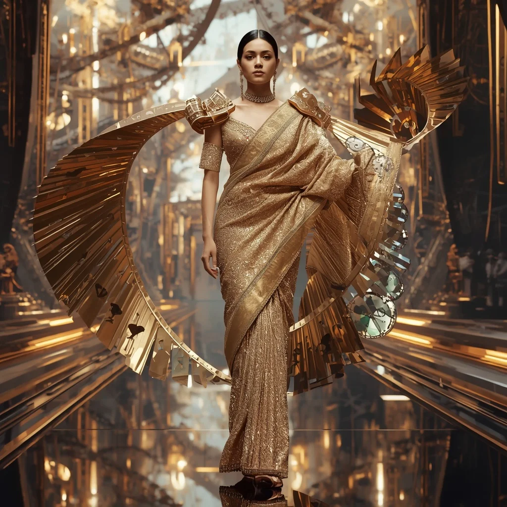Floating Luxury Crystal Clock Saree with Time Spiral Metropolis | Prompt Seen Girl Photo Editing Chatgpt Download
