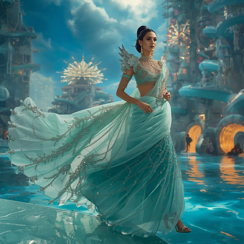 Floating Luxury Crystal Waterpark Saree with Spiral Aqua Architecture | Gemini AI Photo Prompt Copy Paste Trending Girl 2026