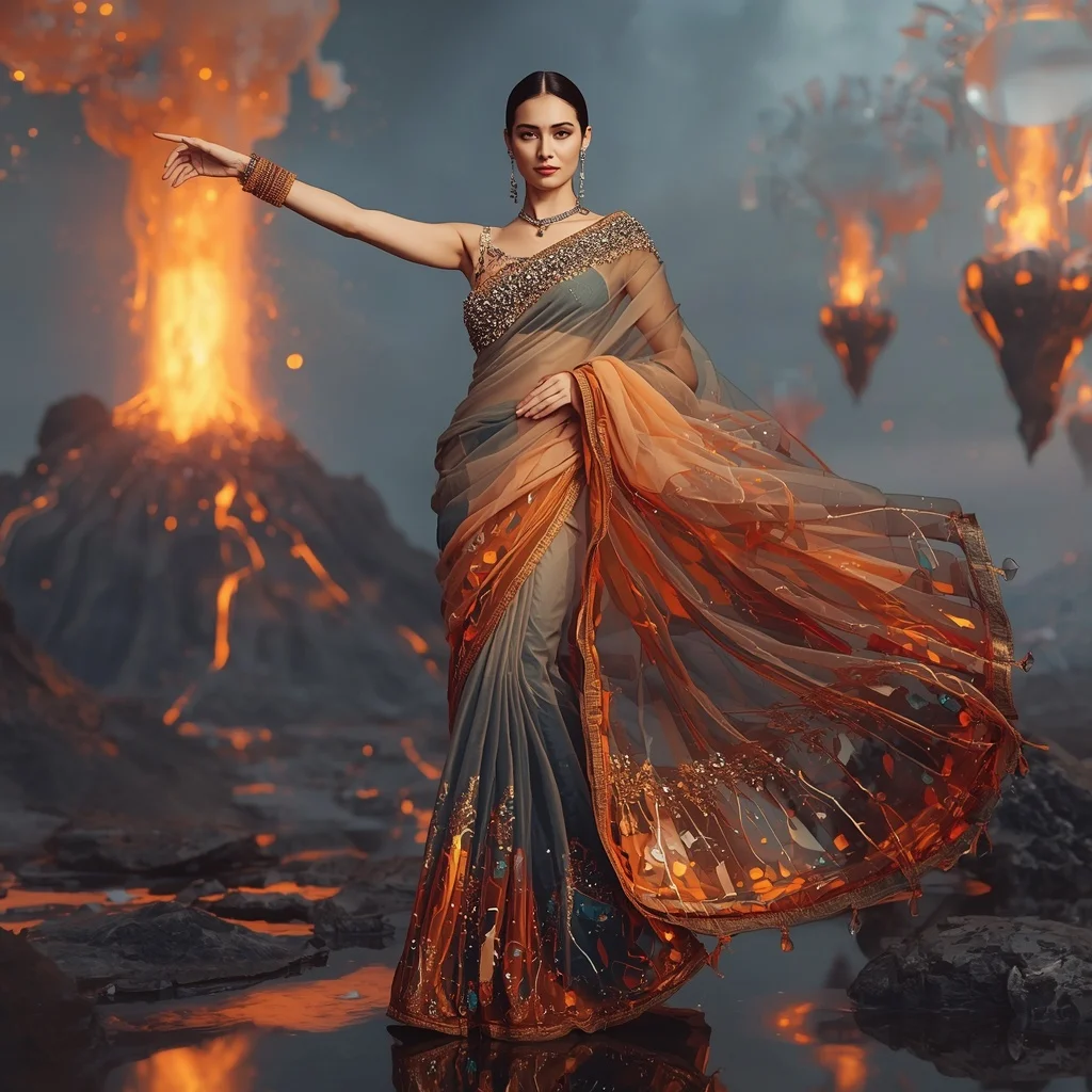Floating Luxury Glass Volcano Saree with Transparent Lava Kingdom | Prompt Seen Girl Photo Editing Chatgpt Aesthetic