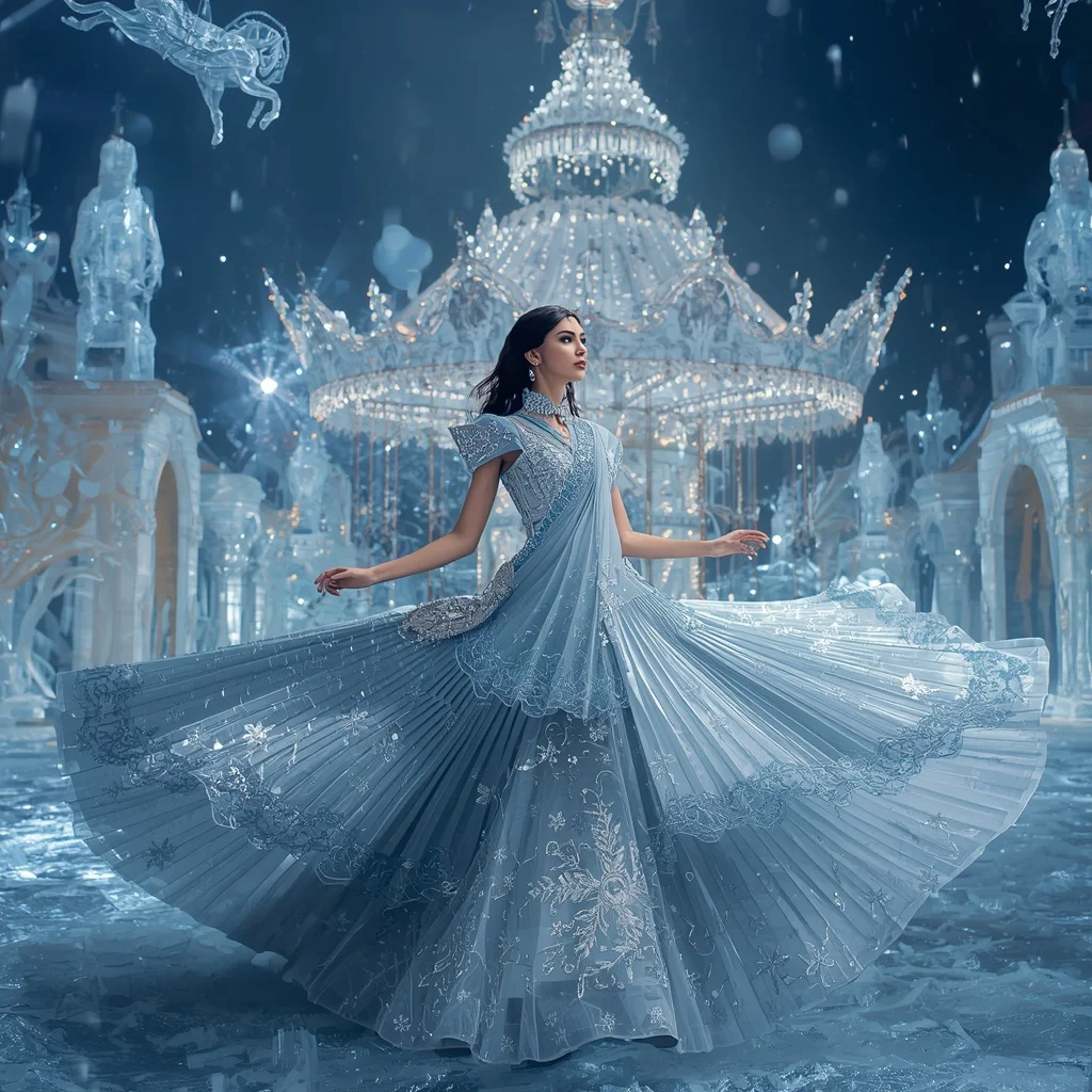 Floating Luxury Ice Carousel Saree with Crystal Winter Festival | New Instagram Trend Prompt For Girl