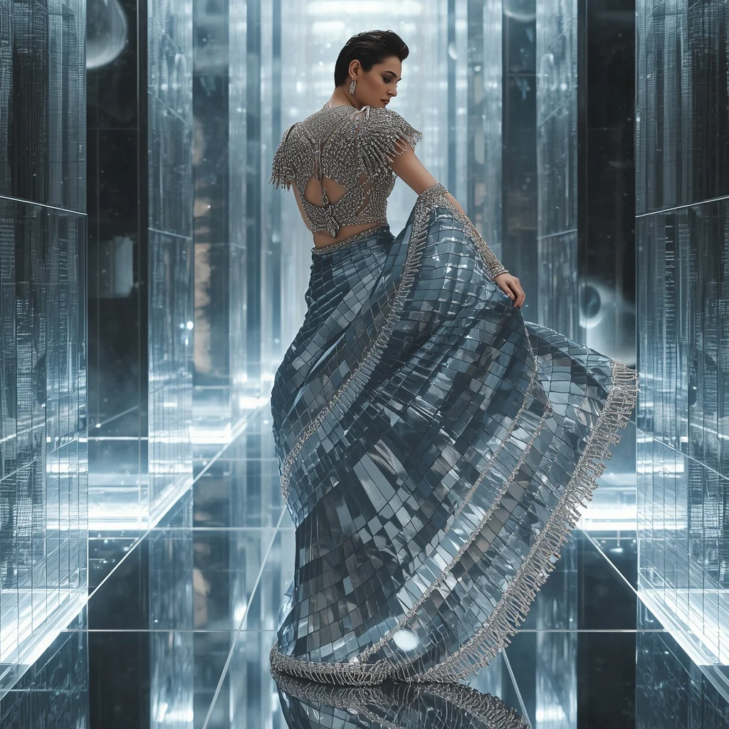 Floating Luxury Mirror Maze Saree with Infinite Reflection Universe | Gemini Ai Prompt