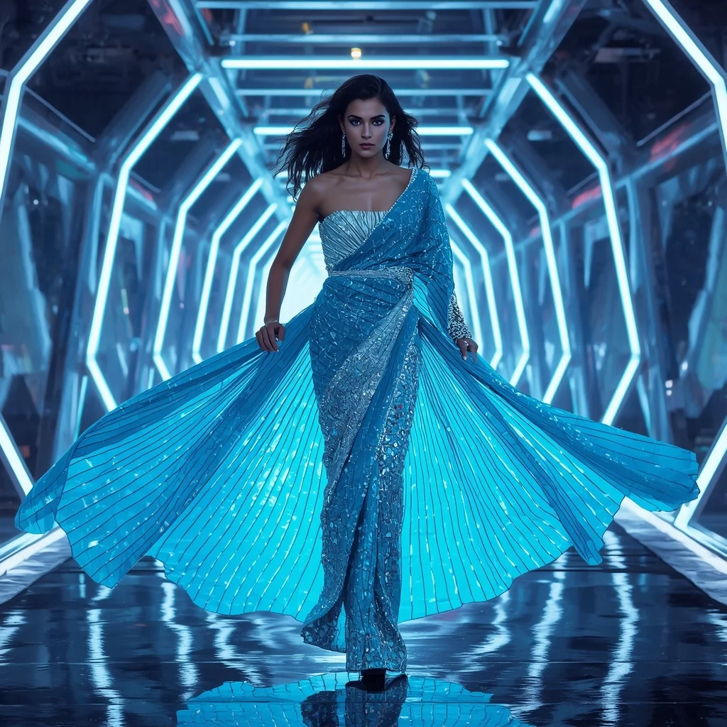 Floating Luxury Neon Tunnel Saree with Infinite Light Highway | Ai Prompt Generator Free