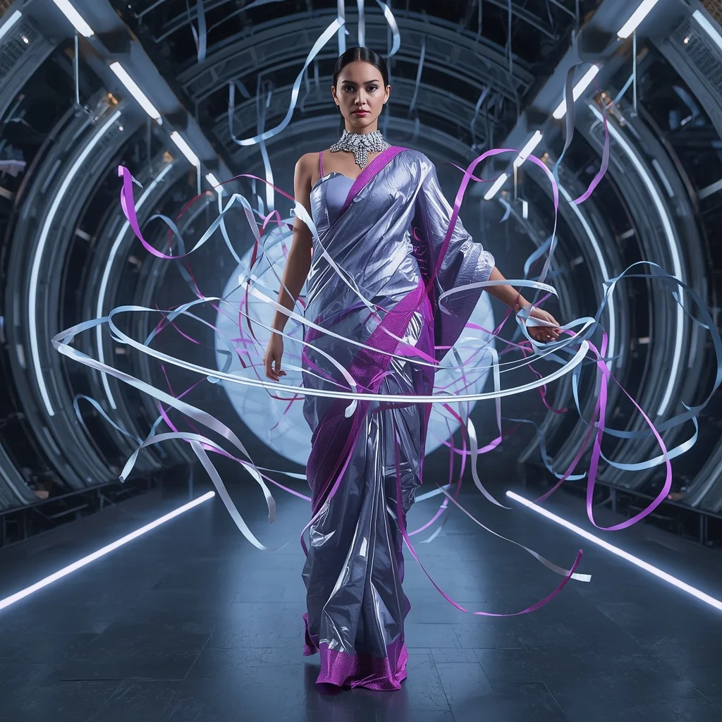 Floating Magnetic Ribbon Saree with Orbiting Fabric Strands | Secret Ai Prompt