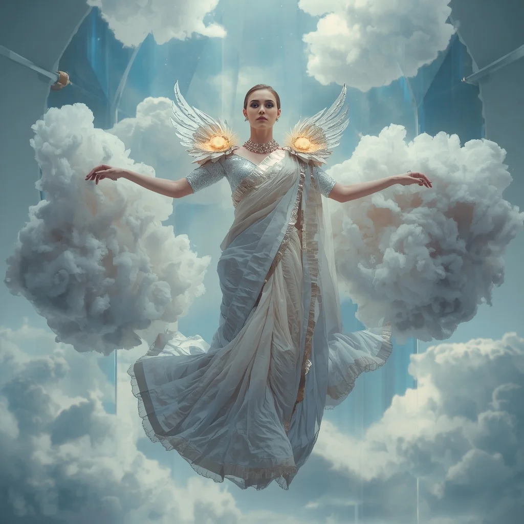 Floating Metallic Feather Cloud Saree with Sky Chamber | Prompt Seen Girl Photo Editing Chatgpt Download