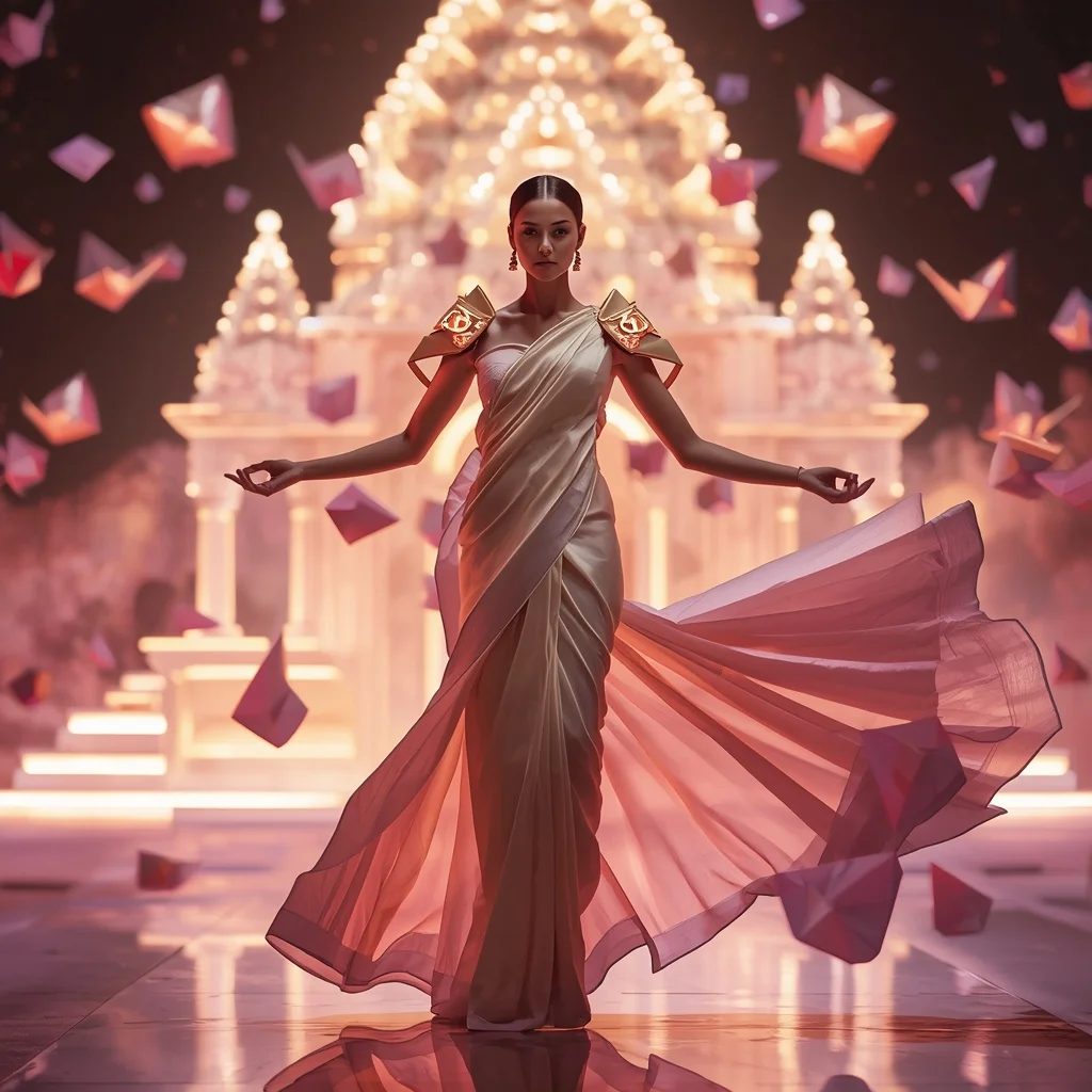 Floating Origami Light Temple Saree with Neon Sacred Geometry | Woman Pose Ai Prompt