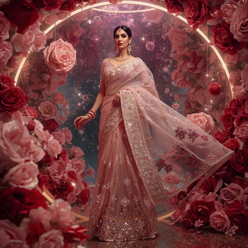 Floating Rose Crystal Cosmos Saree with Luxury Floral Galaxy Fortress | Prompt Chatgpt