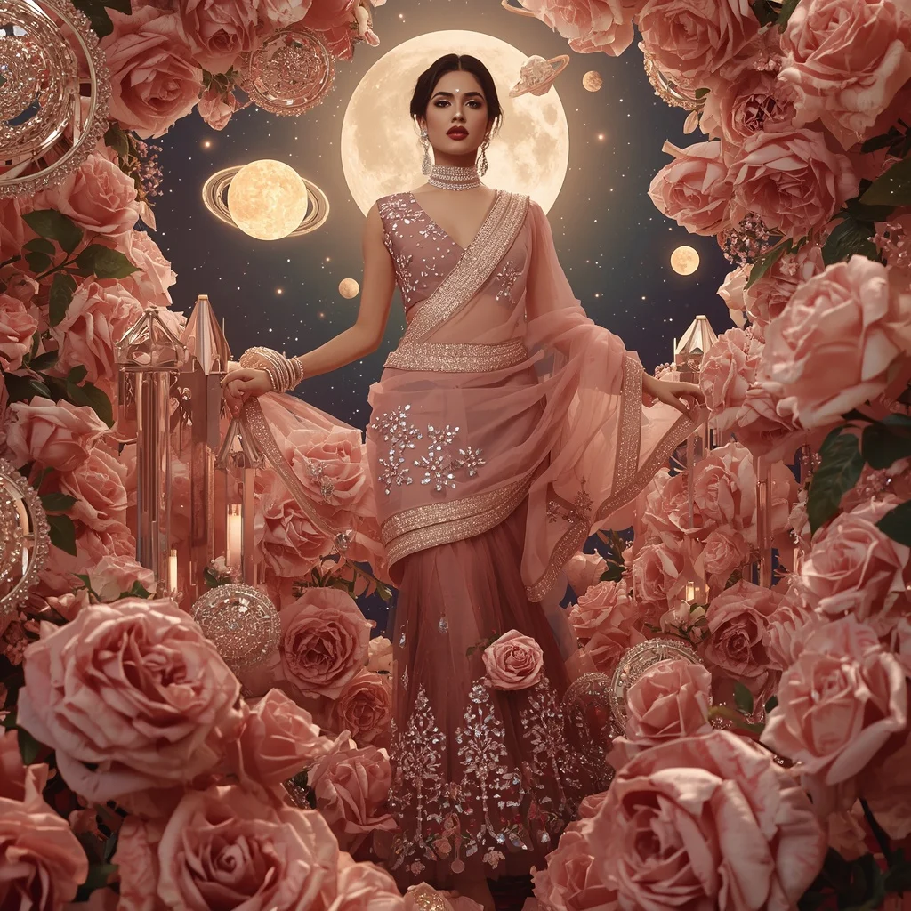 Floating Rose Crystal Galaxy Sun Saree with Luxury Floral Cosmos | New Design Ai Prompt