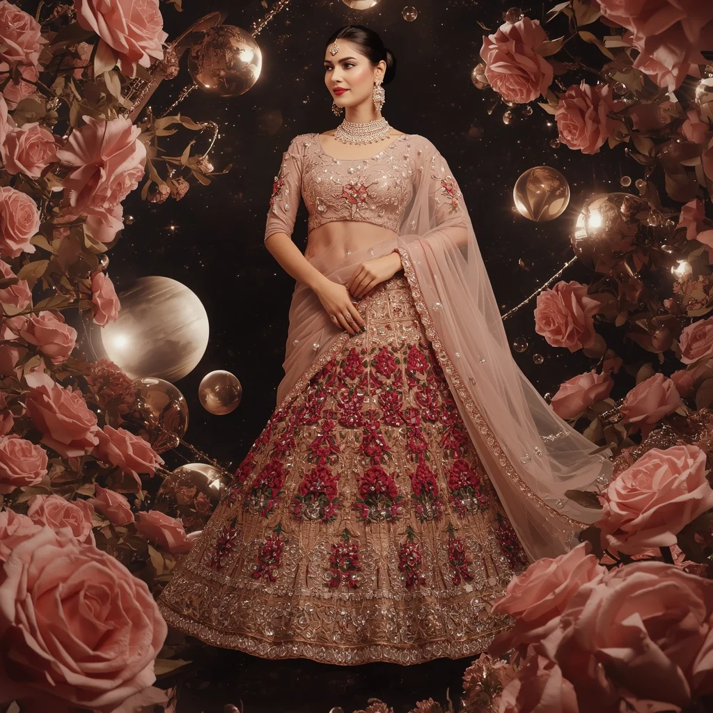 Floating Rose Crystal Planet Empire Saree with Luxury Floral Cosmos | Prompt Generator