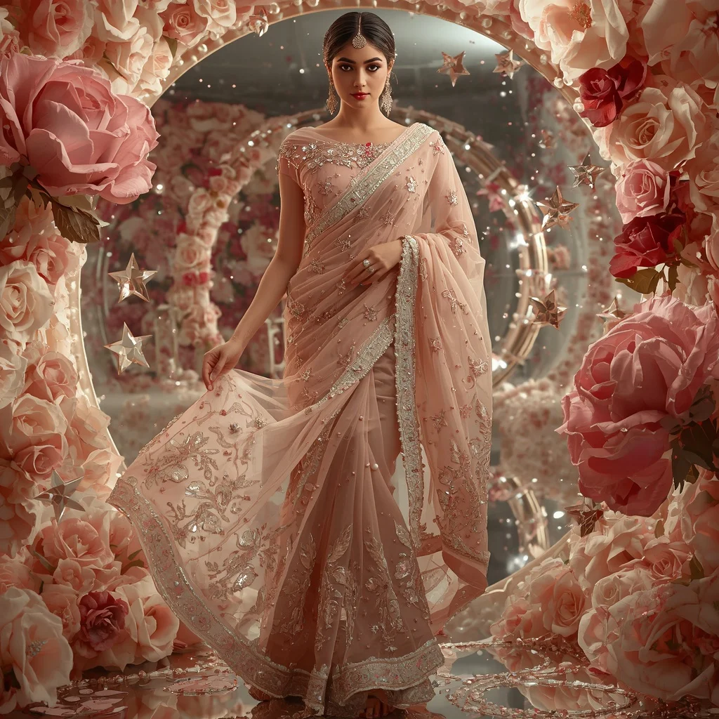 Floating Rose Crystal Star Kingdom Saree with Luxury Floral Cosmos | Indian Girl Ai Prompt