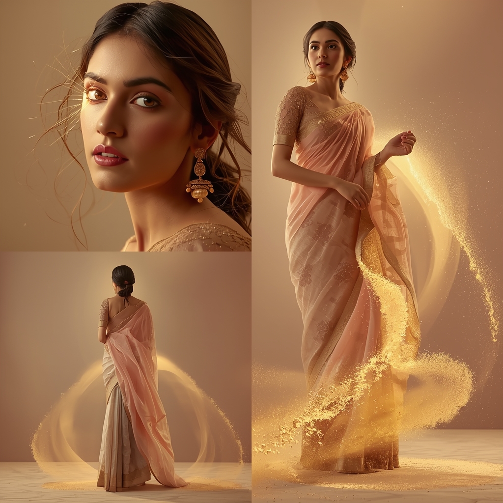 Flowing Golden Time Dust Aesthetic For Premium Indian Saree | Indian Saree Ai Prompt