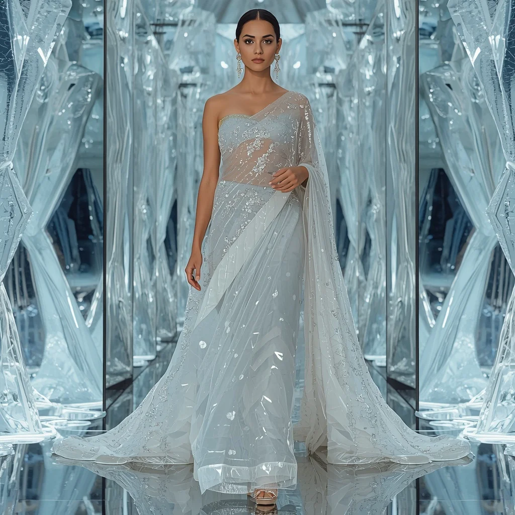 Fractal Glass Origination Saree with Infinite Crystal Expansion Room | ChatGPT Photo Editing Prompts For Girl