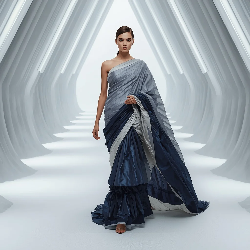 Fractal Silk Architecture Saree with Infinite Folding Runway Hall | Prompt Seen Girl
