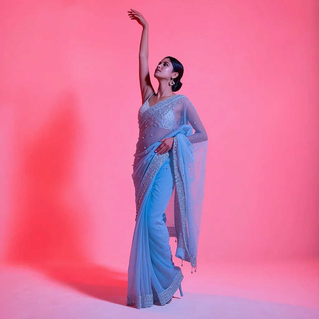 Frost Blue Crystal-Encrusted Saree – Tip-Toe Reach with Neon Coral Water Caustics | Instagram Profile Pic Ai Prompt