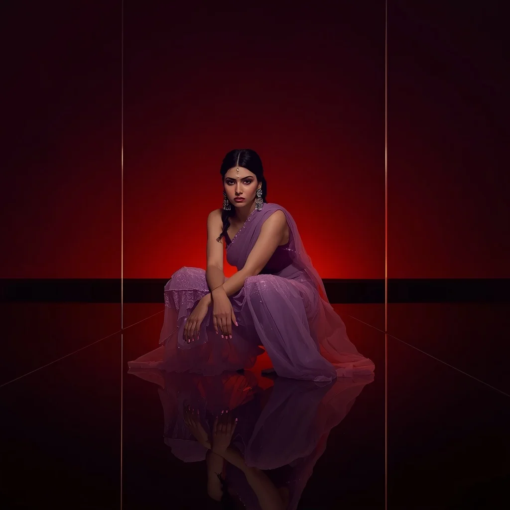 Frosted Lavender Organza Saree – Deep Squat Pose with Sunset Infinity Mirror | Prompt Seen Trending Girl 2026 Butterfly