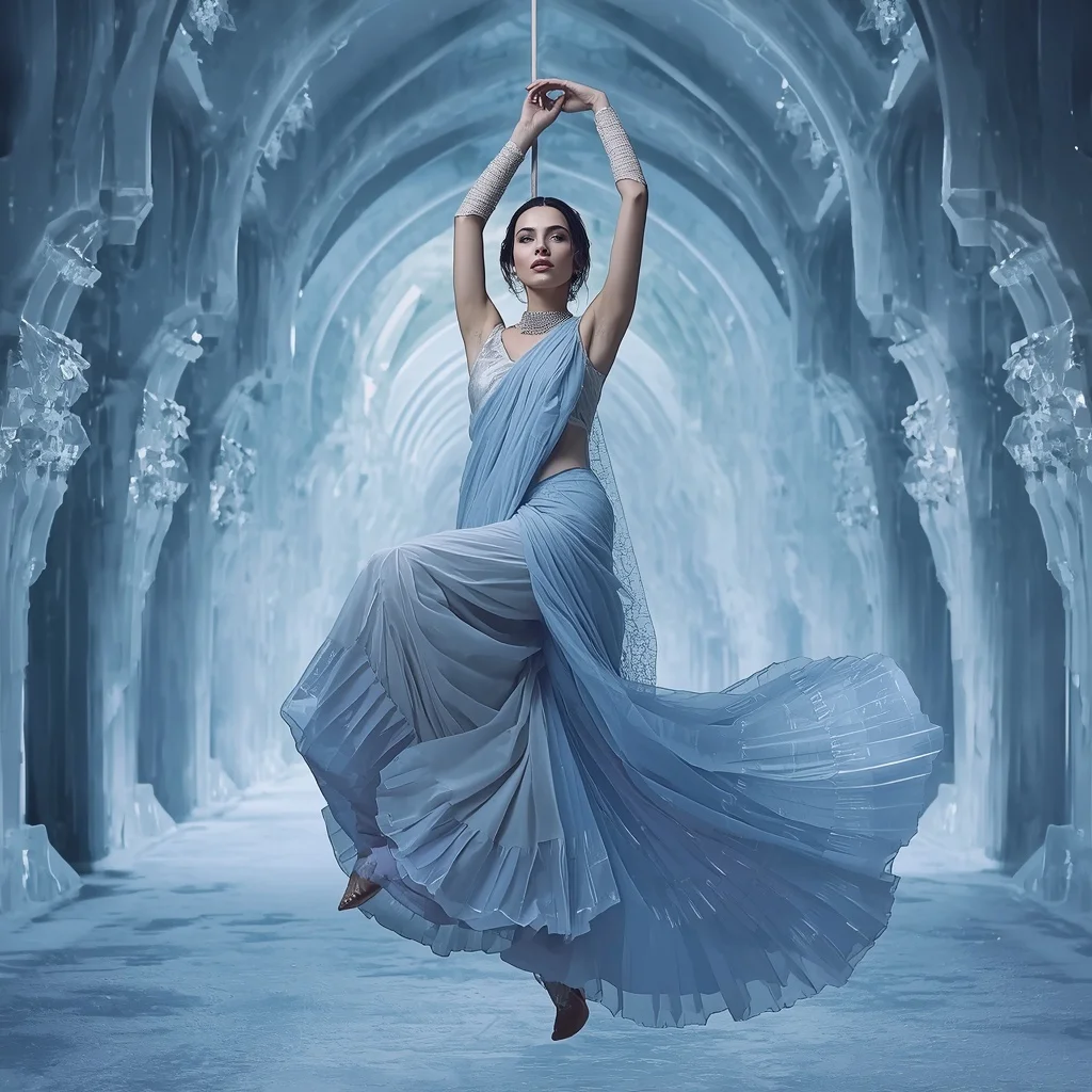 Frozen Aurora Bone Crystal Saree with Ice Cathedral Rift Hall | 3d Animation Ai Prompt